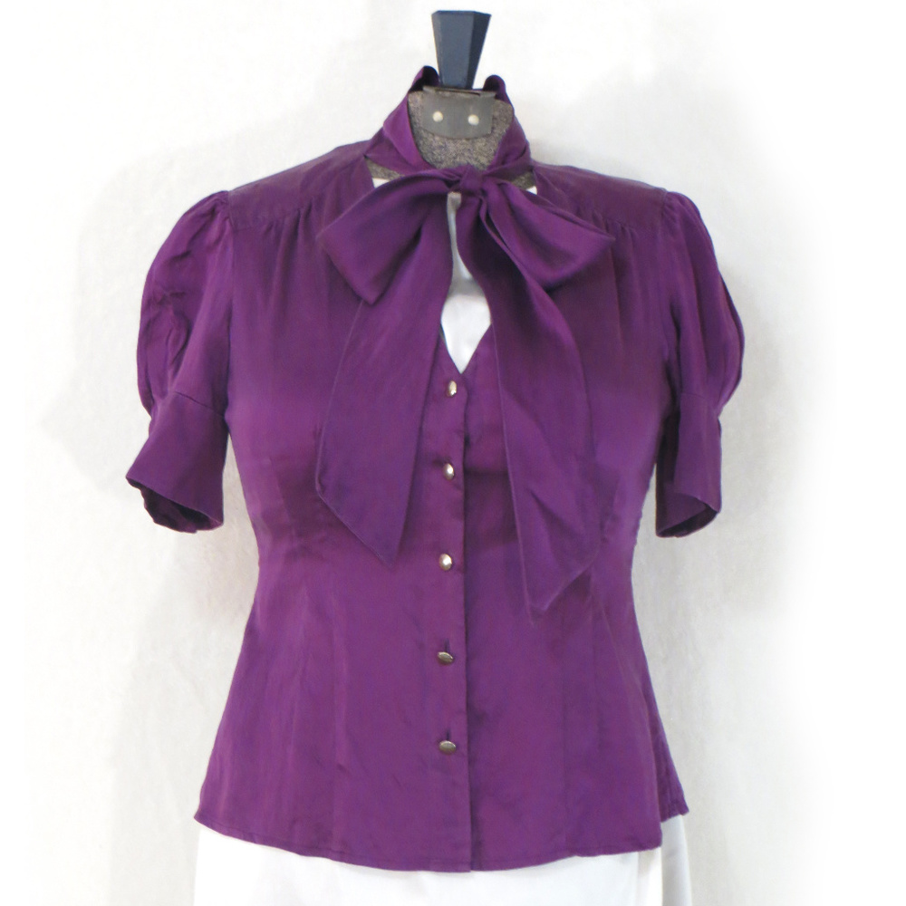Banana Republic Purple Silk Tie Neck Blouse